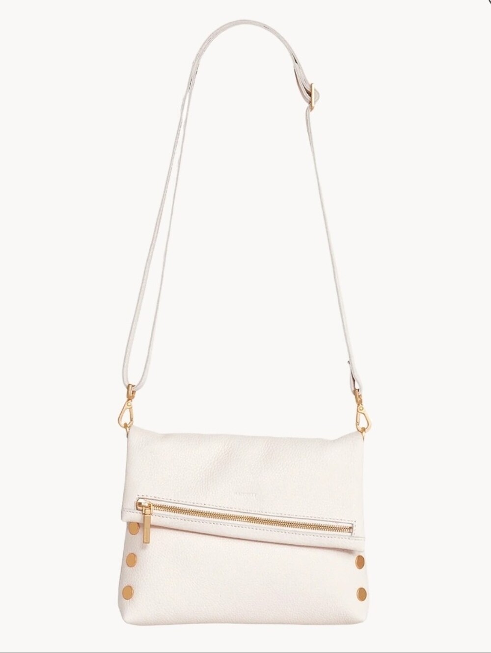 HAMMITT VIP Crossbody Clutch Medium Pebbled Leather Off White Brushed Gold